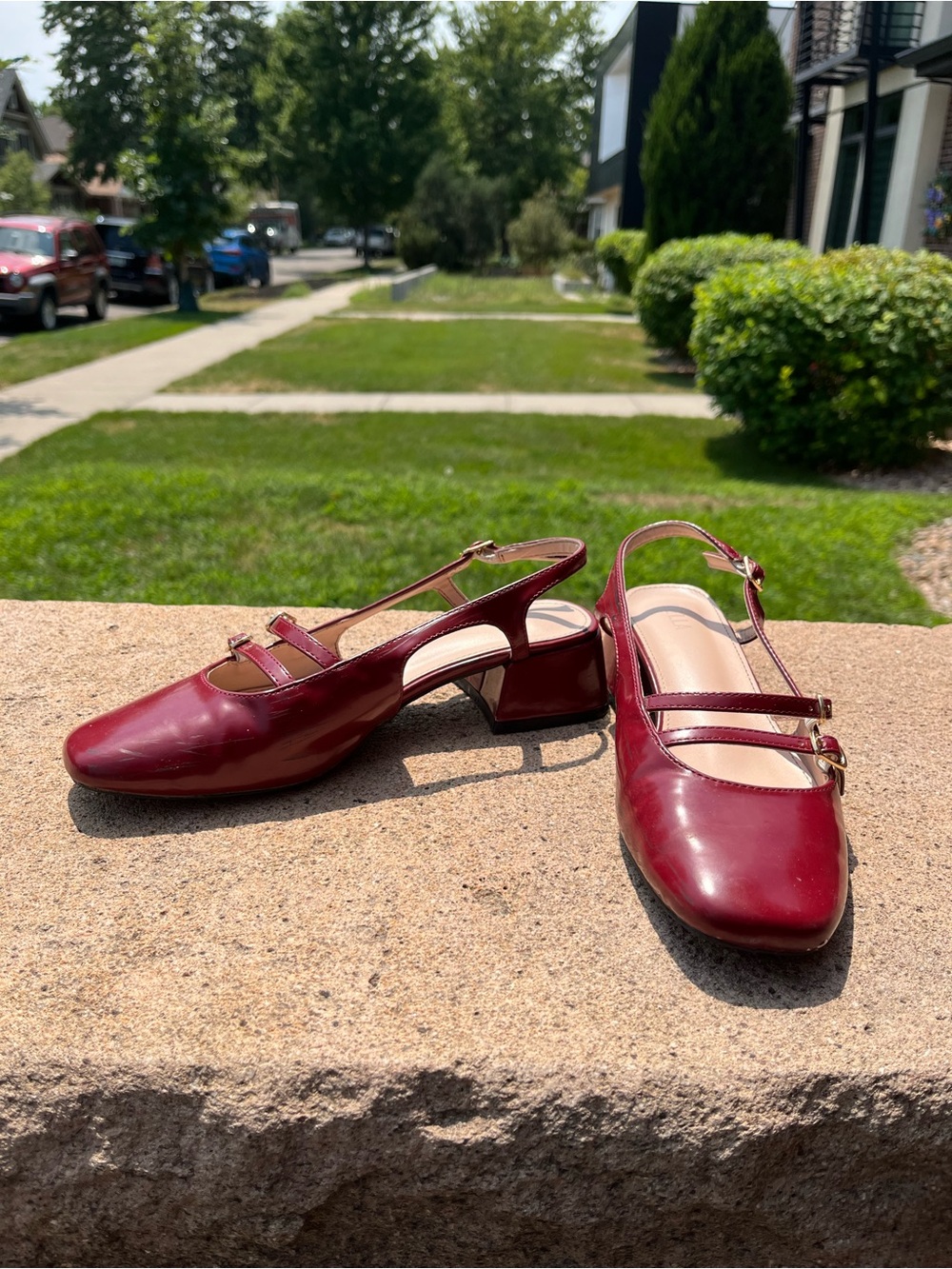 Women's Burgundy Slingback Mary Jane Low Heel Mules